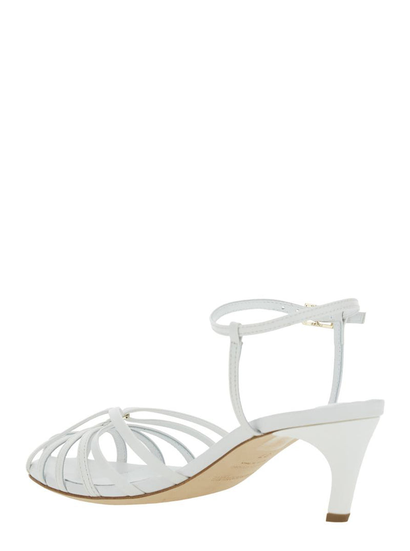 White Heeled Sandals With Cage Design In Leather Woman