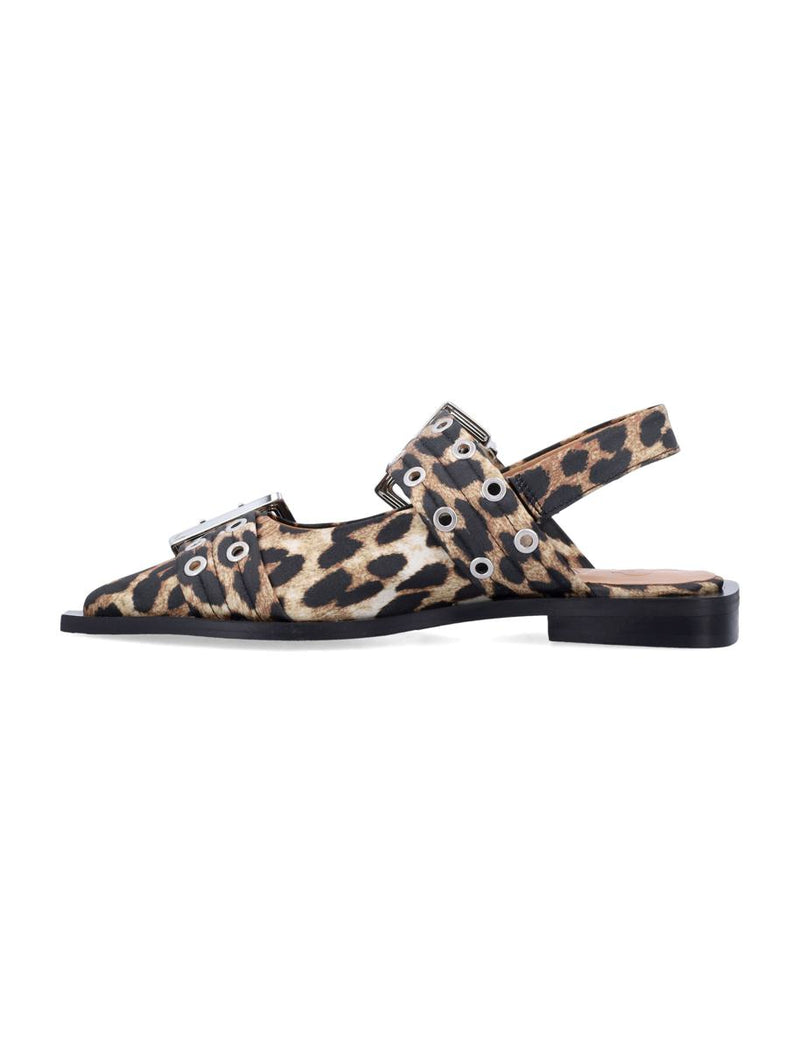 Ganni Leopard Satin Feminine Buckle Ballerinas