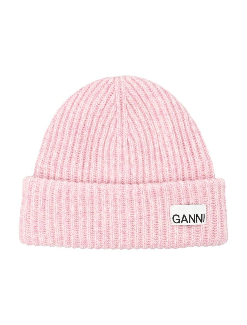 Ganni Ribbed Wool Logo Beanie