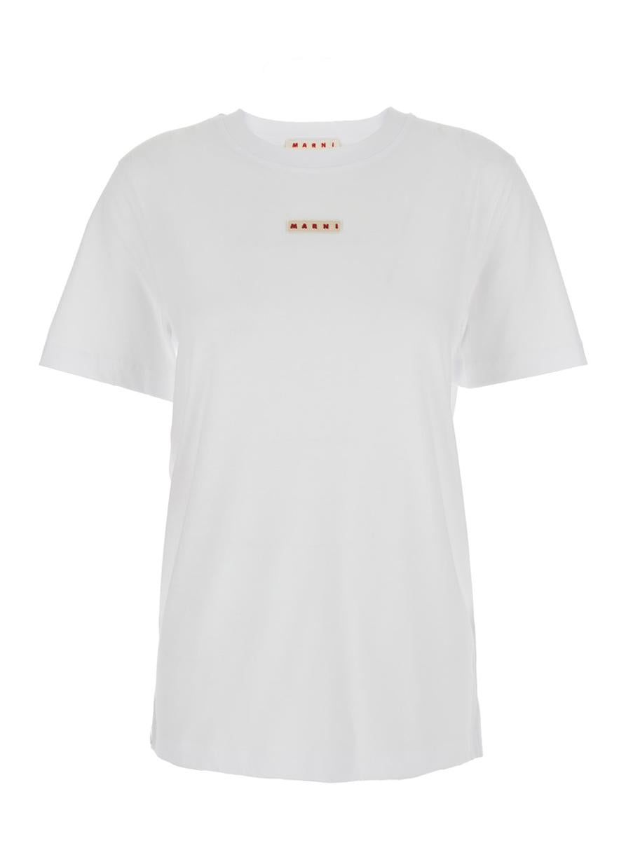 White Crewneck T-Shirt With Logo Patch On The Front In Cotton Woman