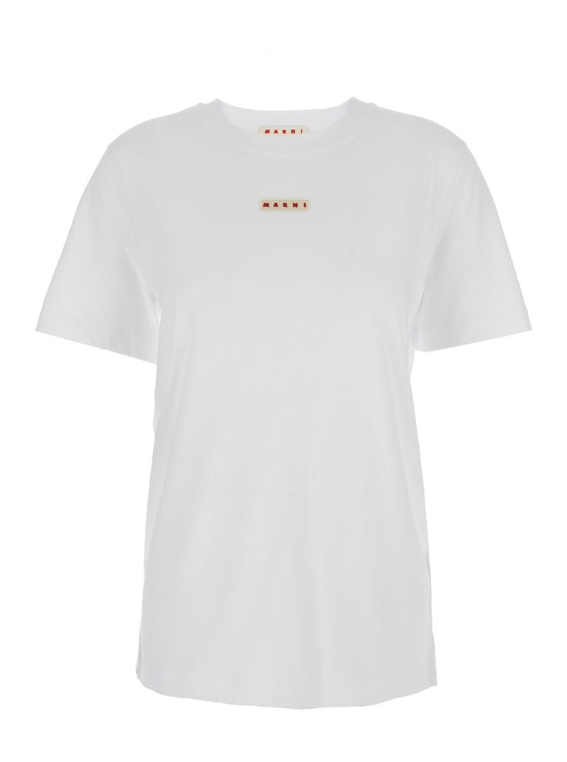 White Crewneck T-Shirt With Logo Patch On The Front In Cotton Woman