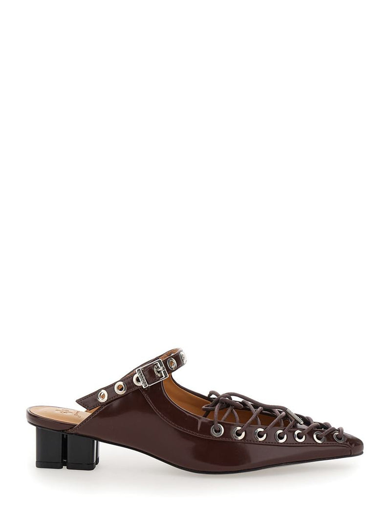 Brown Sandals With Pointed Toe Design And All-Over Laces In Eco Leather Woman