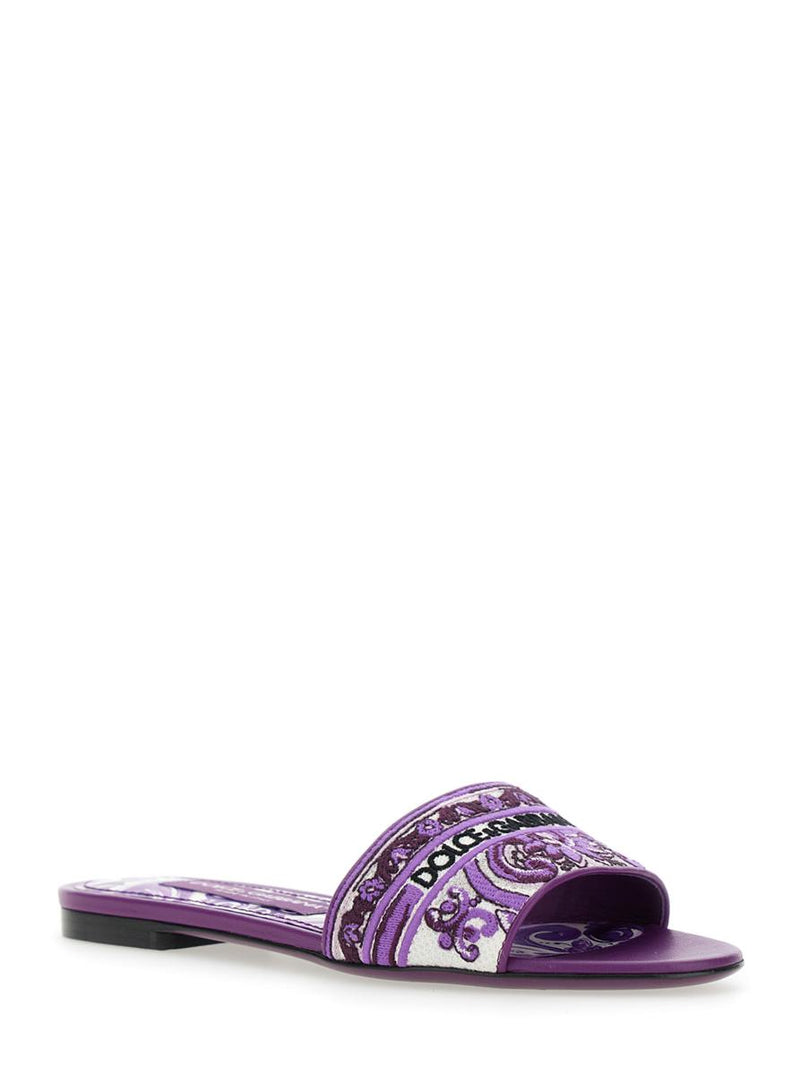 Violet Sandals With Logo Embroidery On The Front And All-Over Majolica Motif In Cotton Blend Woman