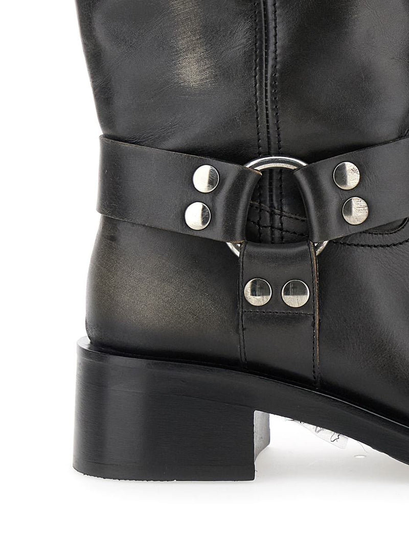 Black Ankle Boots With Studs And Ring In Leather Woman