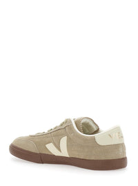'Panenka' Beige Low Top Sneakers With Logo Patch On The Side And Contrasting Heel With Logo Lettering In Leather Unisex