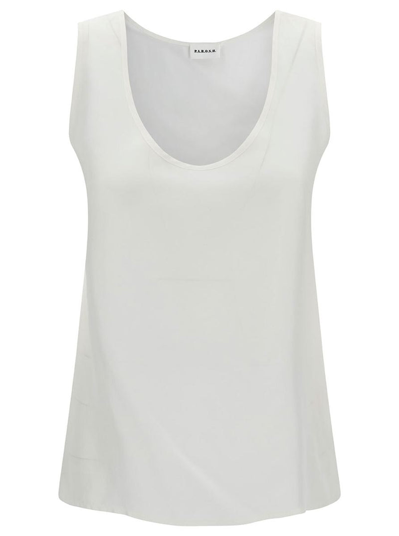 White Tank Top With Plunging U Neckline In Polyamide Woman