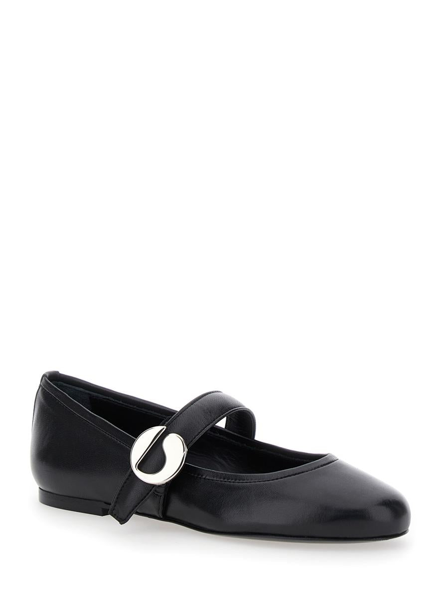 Black Ballerinas With Metallic Logo And Strap In Smooth Leather Woman