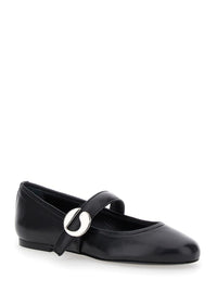Black Ballerinas With Metallic Logo And Strap In Smooth Leather Woman