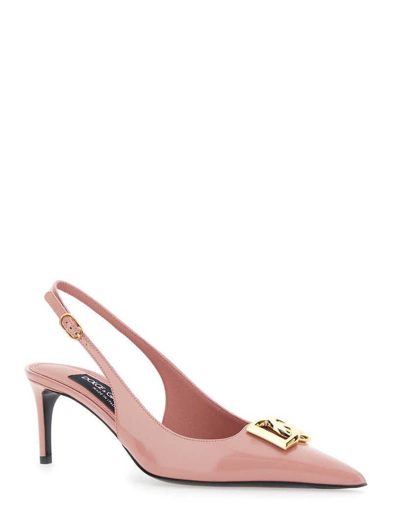 Pink Slingback Pumps With Logo Plaque On The Front In Leather Woman