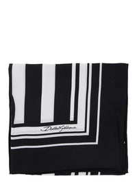 Black And White Square Scarf With Logo Lettering On The Front And All-Over Striped Motif In Silk Man