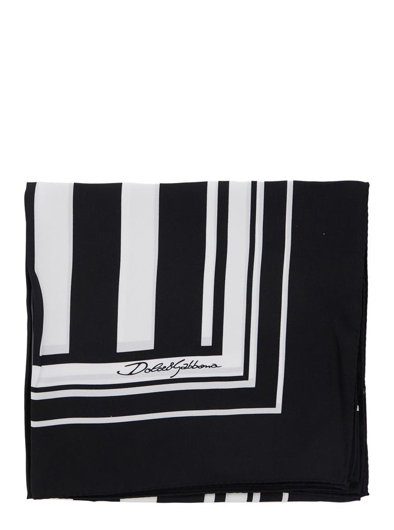 Black And White Square Scarf With Logo Lettering On The Front And All-Over Striped Motif In Silk Man