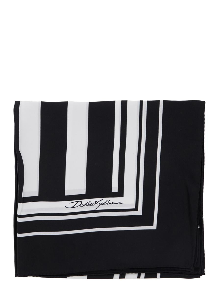 Black And White Square Scarf With Logo Lettering On The Front And All-Over Striped Motif In Silk Man