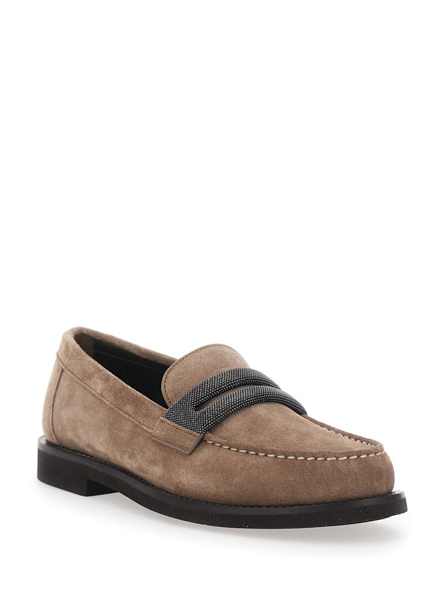 Brown Loafers With Almond Toe And Monil Detail In Suede Woman