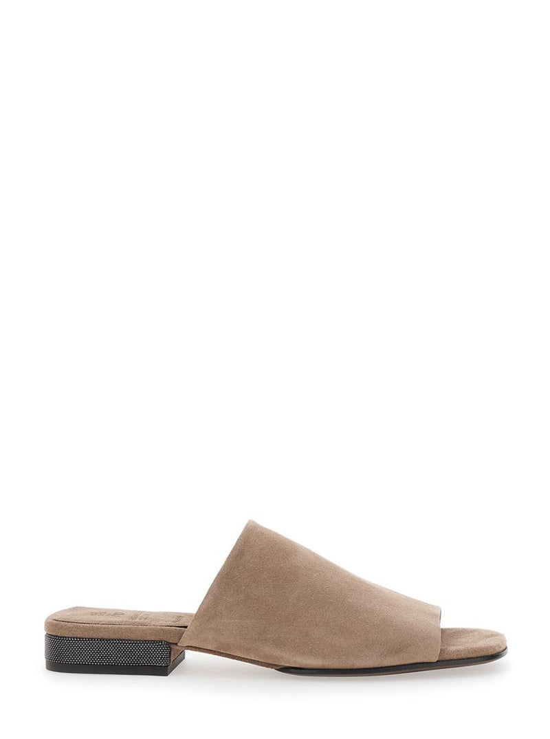 Beige Sandals With Monil Detail On The Heel In Suede Woman