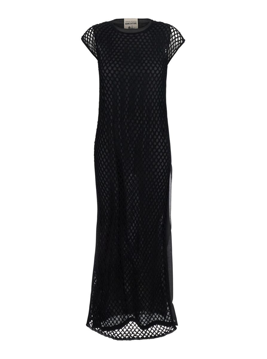Black Crewneck Long Dress With Fishnet Design And Matching Underdress In Cotton Woman