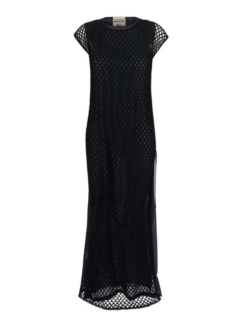 Black Crewneck Long Dress With Fishnet Design And Matching Underdress In Cotton Woman