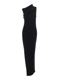 'Athena' Black Ribbed Knit Sleeveless Asymmetric Long Dress With Wide Neckline In Viscose Blend Woman