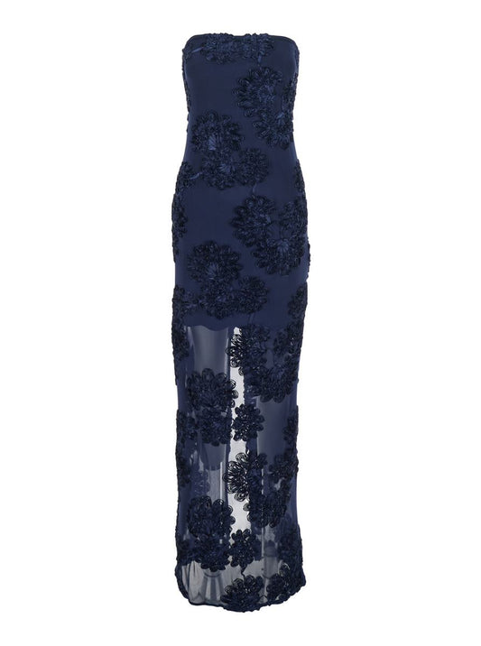 Blue Long Dress With Floral Embellishment In Fabric Woman