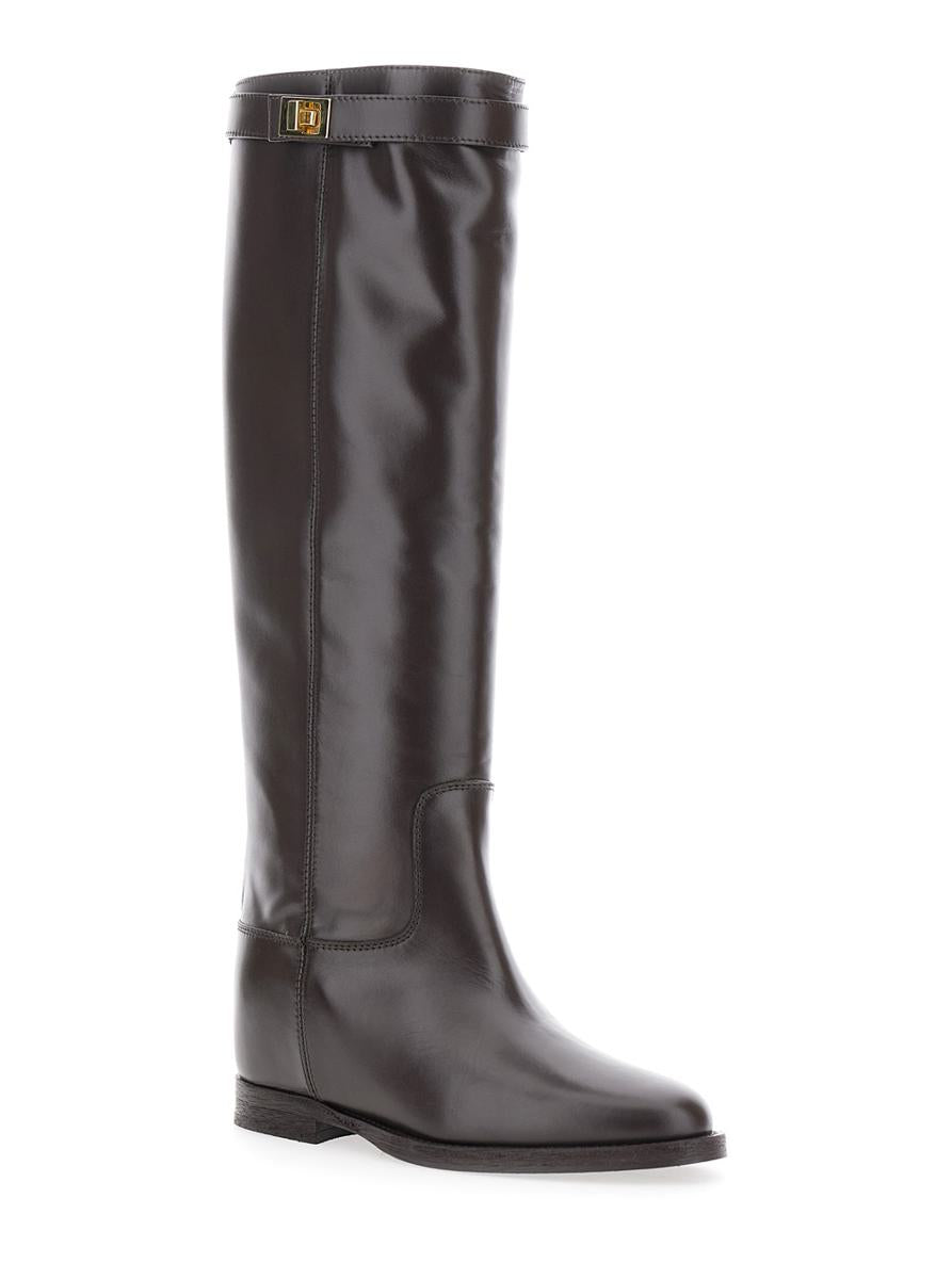 Dark Brown Boots With Padlock Detail And Low Block Heel In Leather Woman