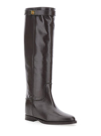 Dark Brown Boots With Padlock Detail And Low Block Heel In Leather Woman