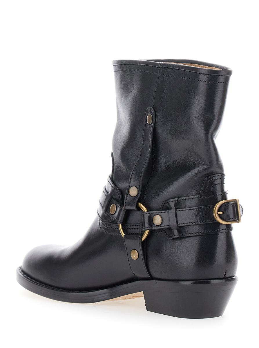 'Ildred' Black Ankle Boots With Medium Block Heel And Decorative Buckle In Leather Woman
