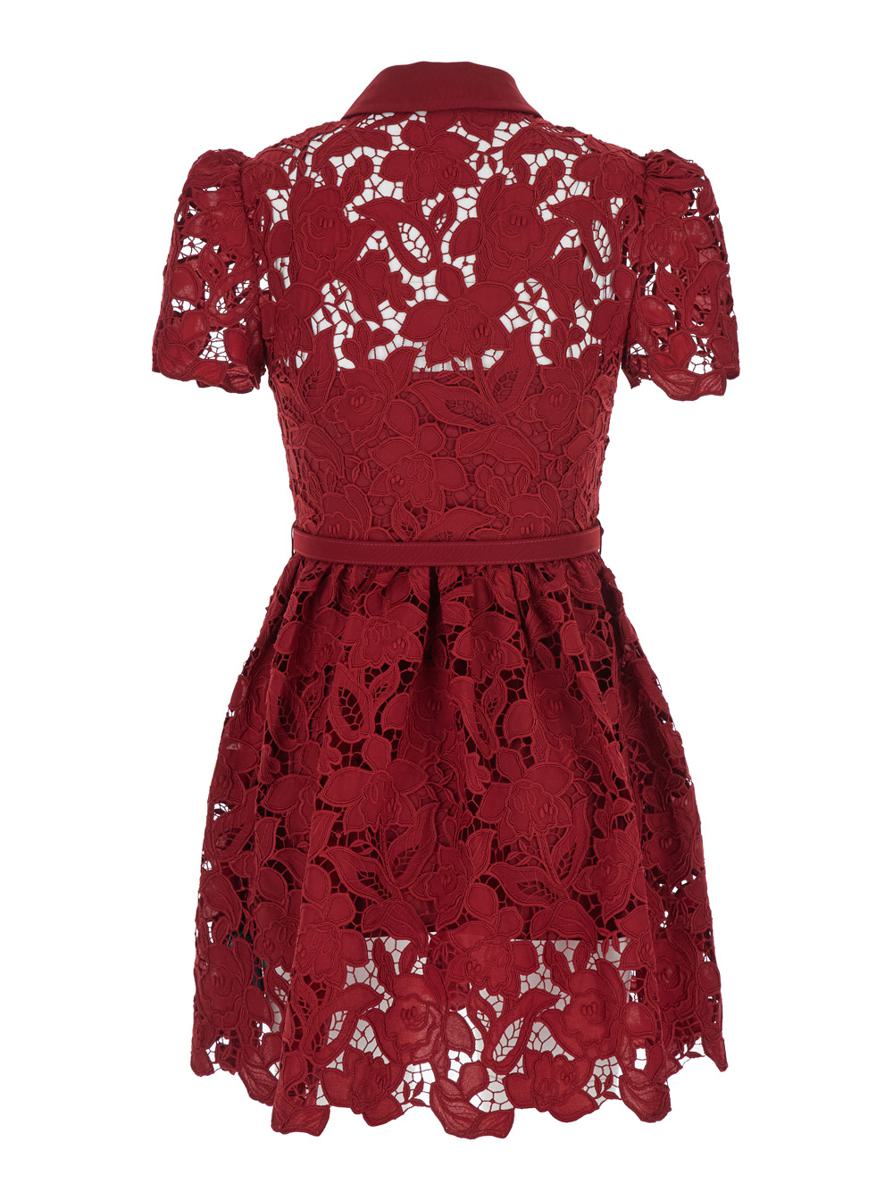 Bordeaux Mini Dress With All-Over Lace Floral Embroidery And Pleated Skirt In Tech Fabric Woman