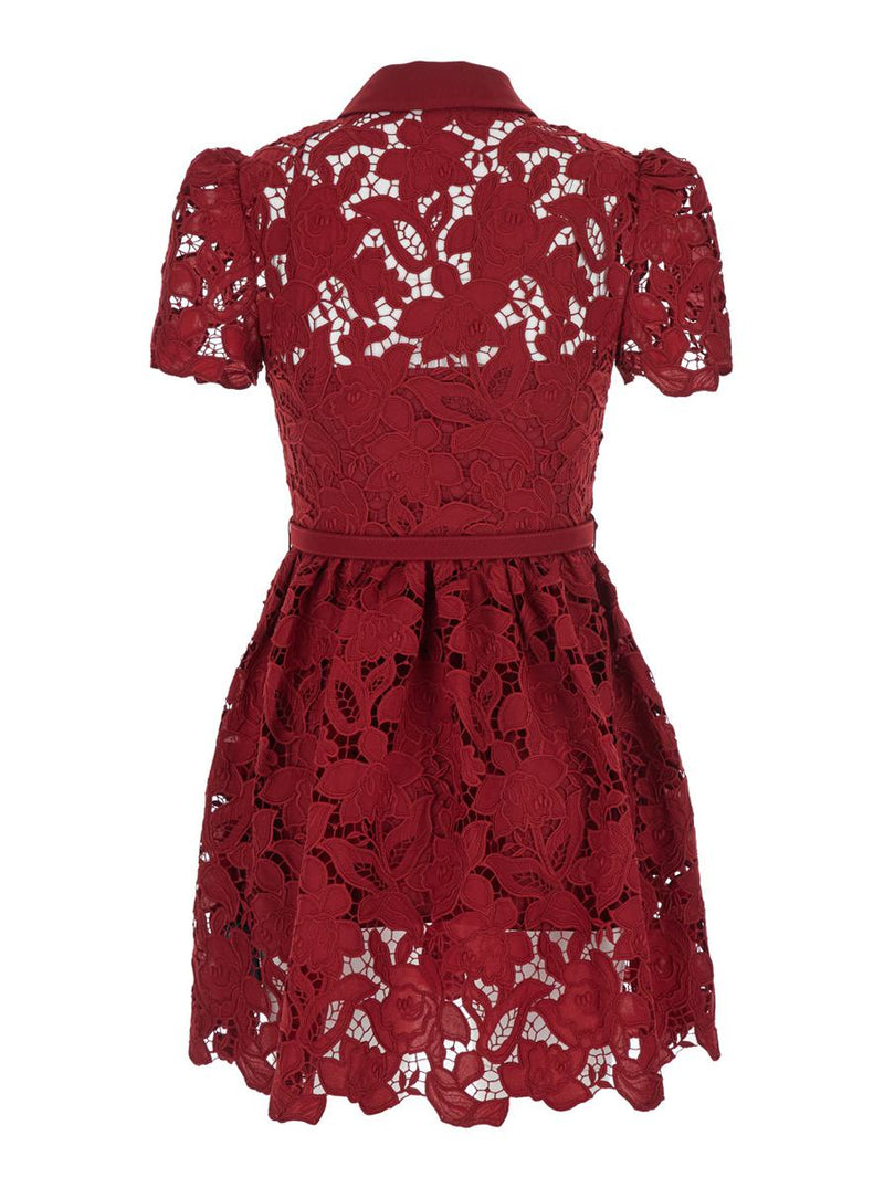 Bordeaux Mini Dress With All-Over Lace Floral Embroidery And Pleated Skirt In Tech Fabric Woman