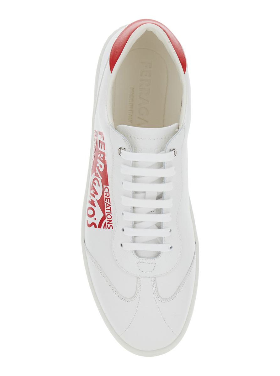 'Achille' White Low Top Sneakers With Red Logo Detail In Leather Man