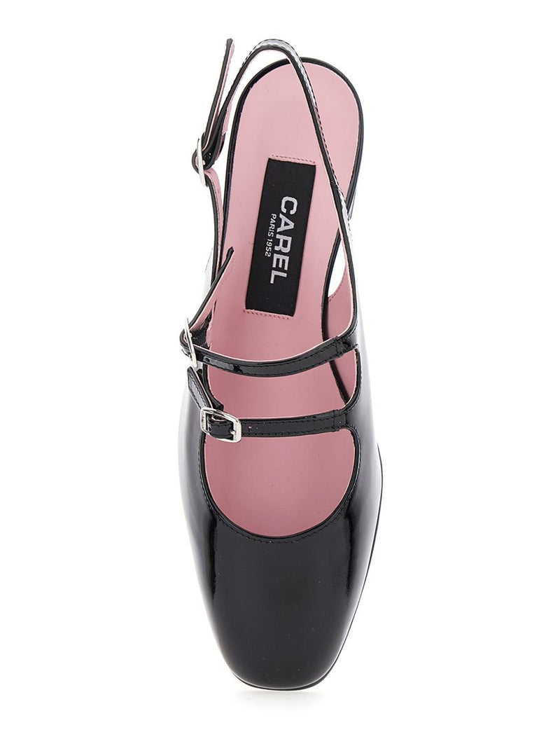 'Peche' Black Slingback Pumps With Buckle Strap Closure In Patent Leather Woman