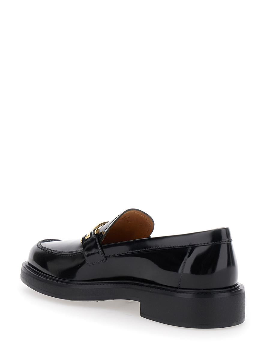 Black Loafers With Logo Plaque In Leather Woman