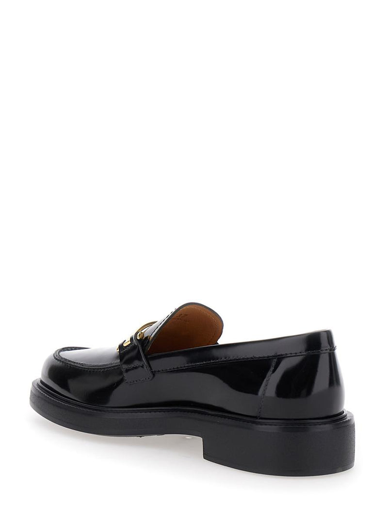 Black Loafers With Logo Plaque In Leather Woman