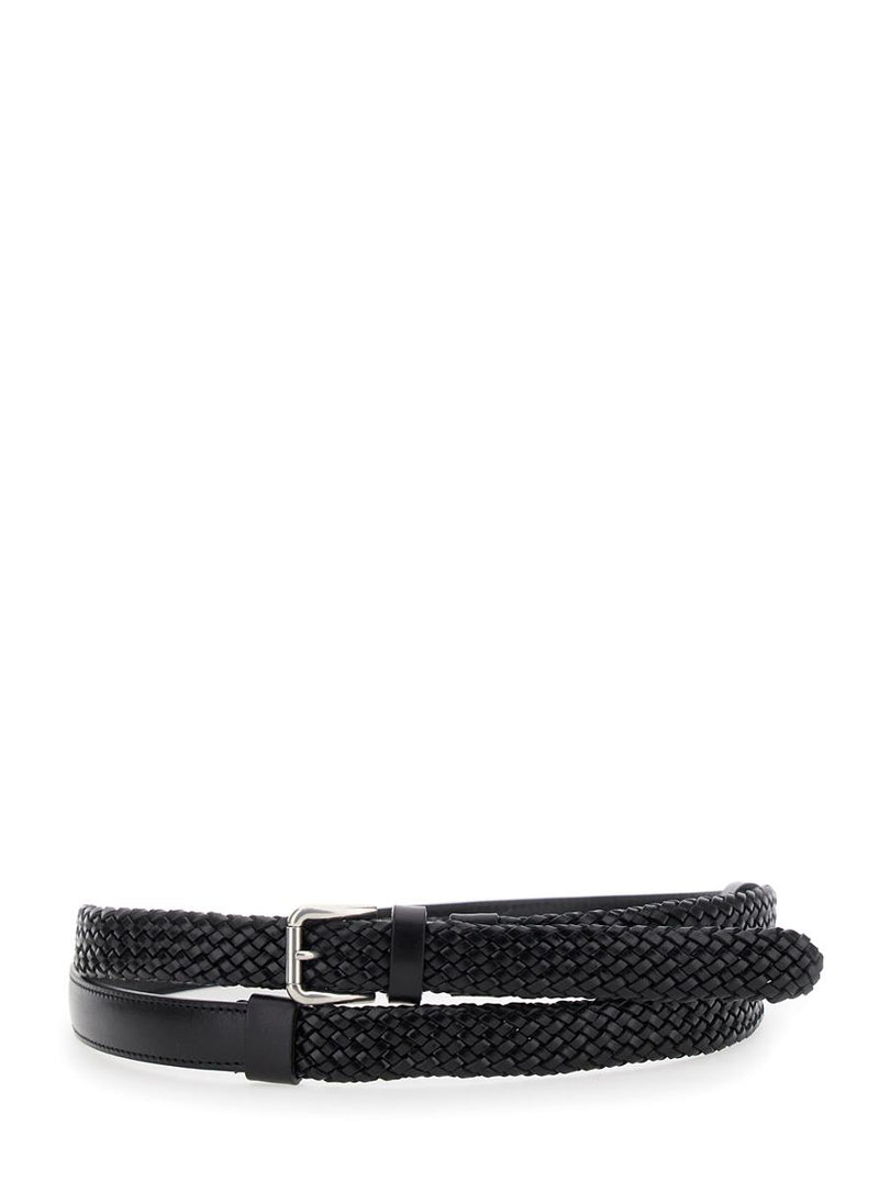 Black Belt With Buckle Closure And Interwoven Design In Leather Man