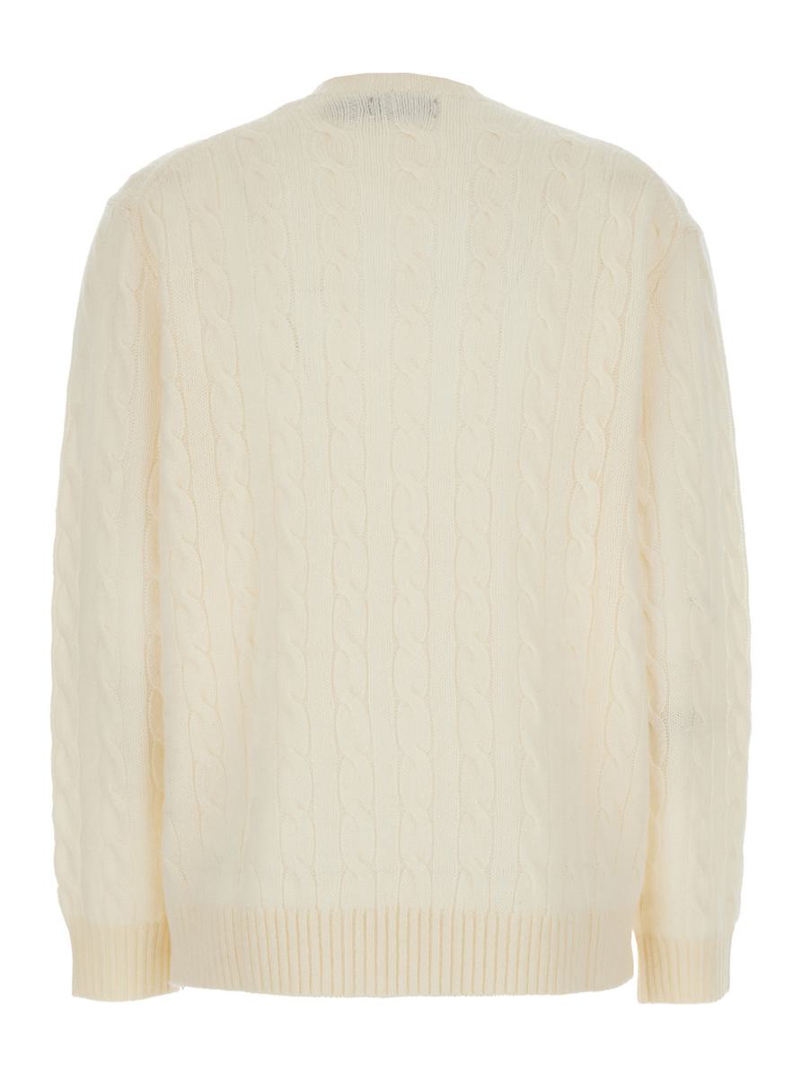 White Knit Crewneck Sweater With Pony Embroidery In Wool And Cashmere Woman