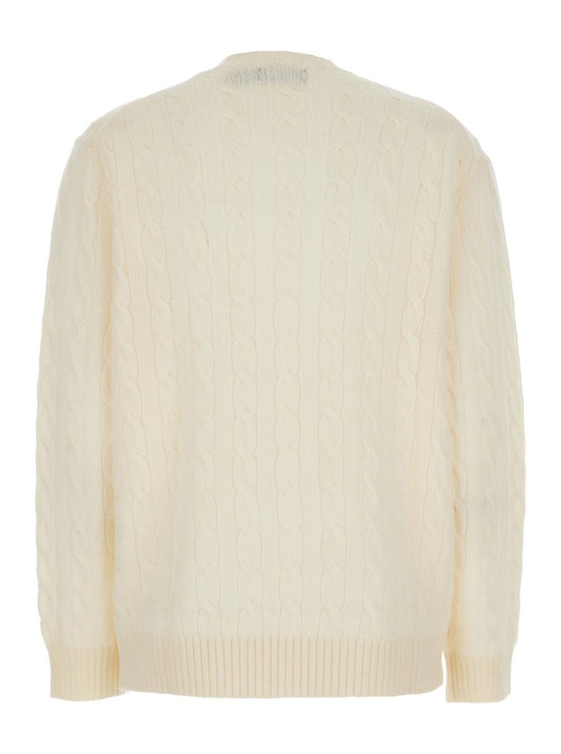 White Knit Crewneck Sweater With Pony Embroidery In Wool And Cashmere Woman