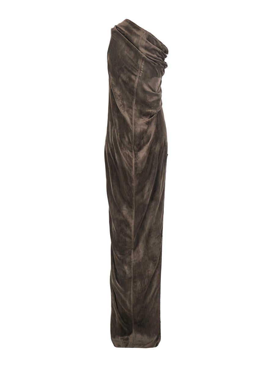 'Athena Arrowhead' Brown Asymmetric Long Dress With Ruched Neckline And Side Single Slit In Viscose Blend Woman