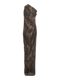 'Athena Arrowhead' Brown Asymmetric Long Dress With Ruched Neckline And Side Single Slit In Viscose Blend Woman