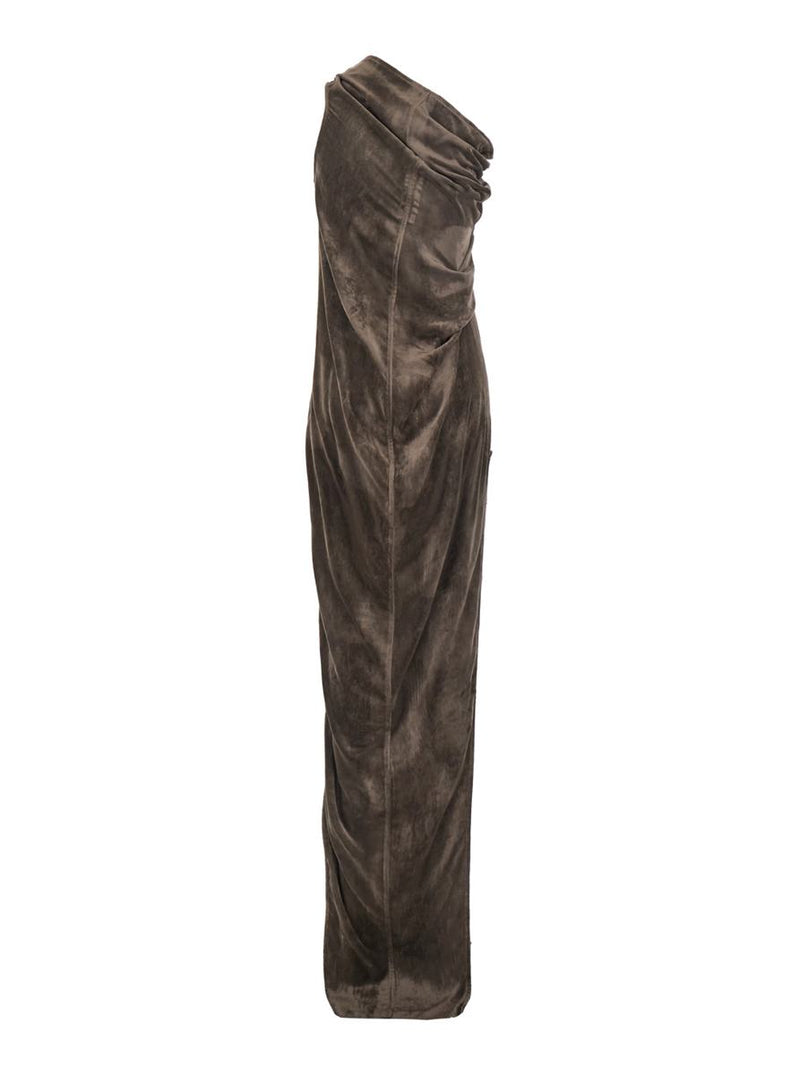 'Athena Arrowhead' Brown Asymmetric Long Dress With Ruched Neckline And Side Single Slit In Viscose Blend Woman