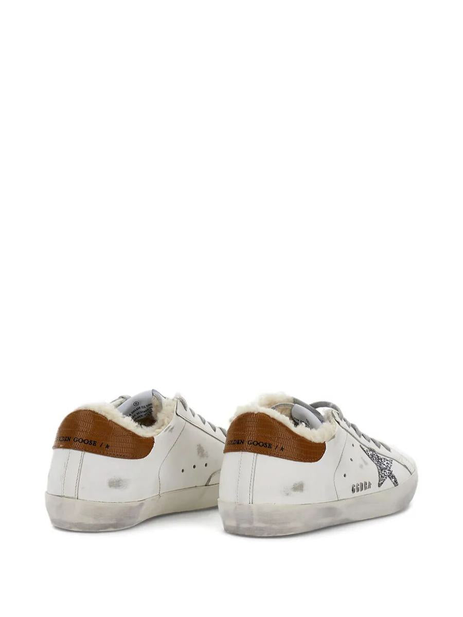 Golden Goose "Super Star" Leather Upper Glitter Star Tejus Print Leather Heel Shearling Lining Metal Lettering Shoes