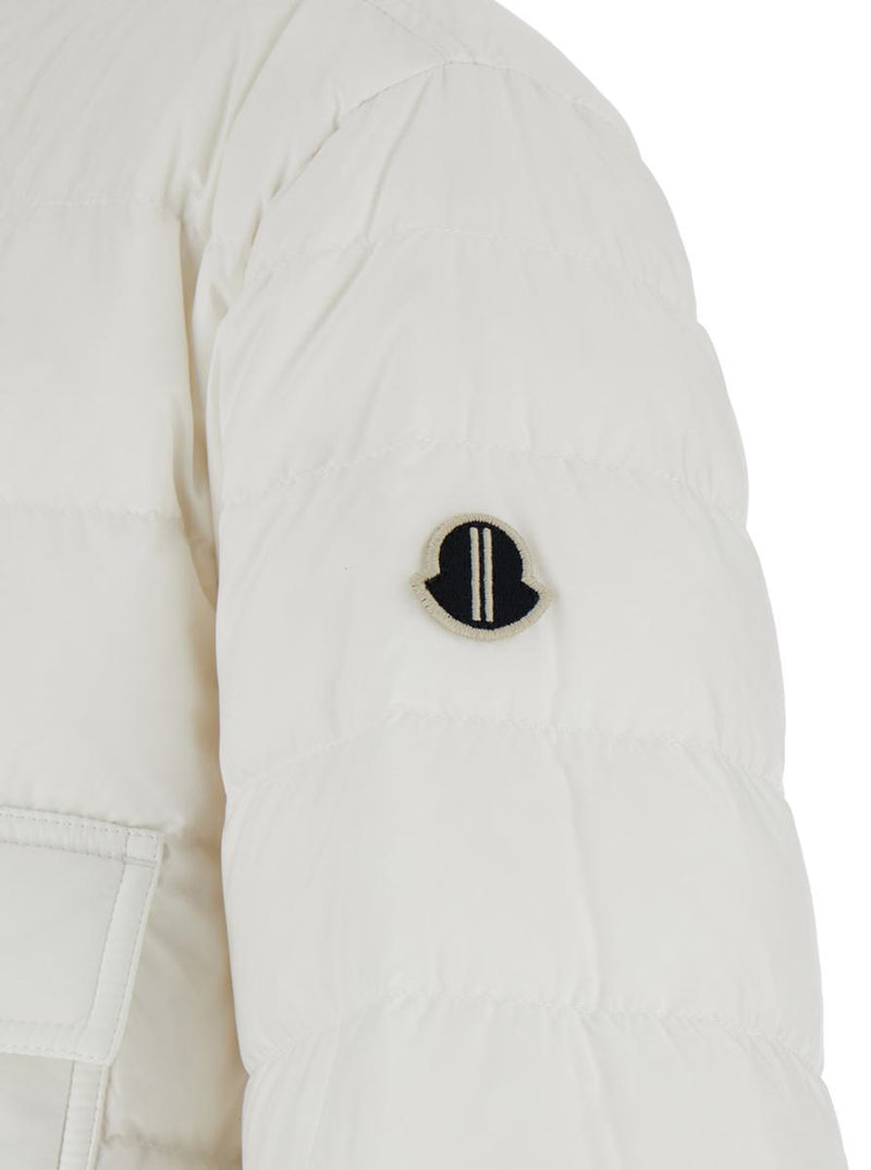 White Down Jacket With Logo Patch On The Sleeve And Snap Buttons In Tech Fabric Man