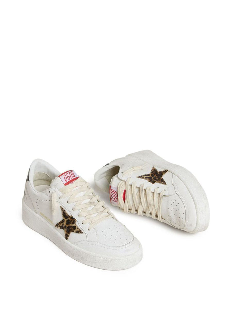 Golden Goose ‘Ball Star' Sneakers In White Leather With Leopard Star