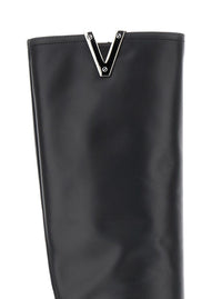 Black V-Detailed Knee Boots In Leather Woman
