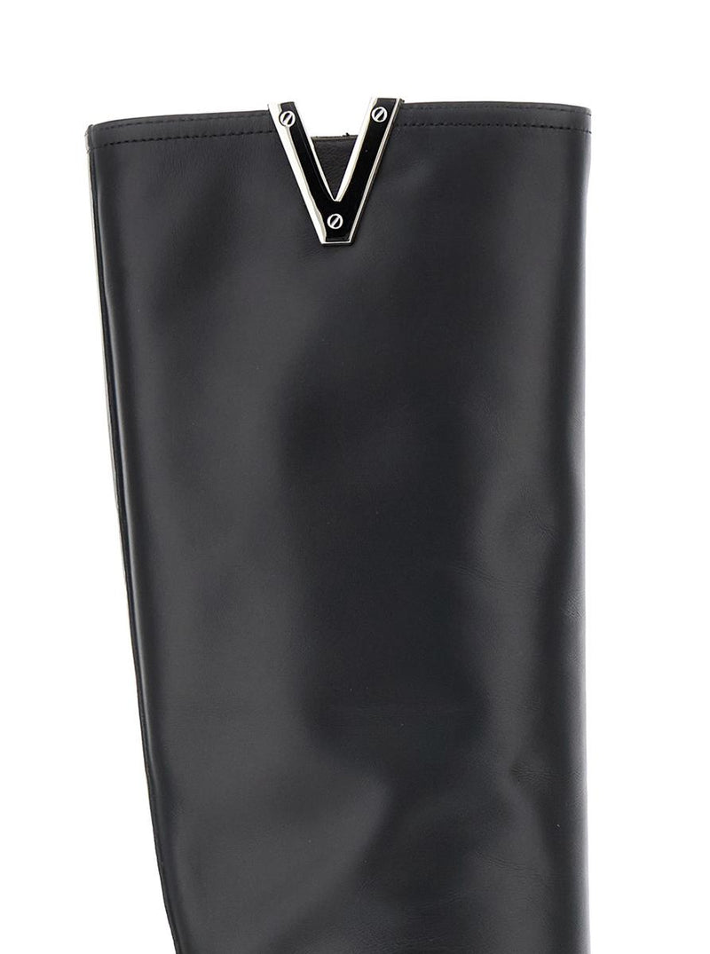 Black V-Detailed Knee Boots In Leather Woman