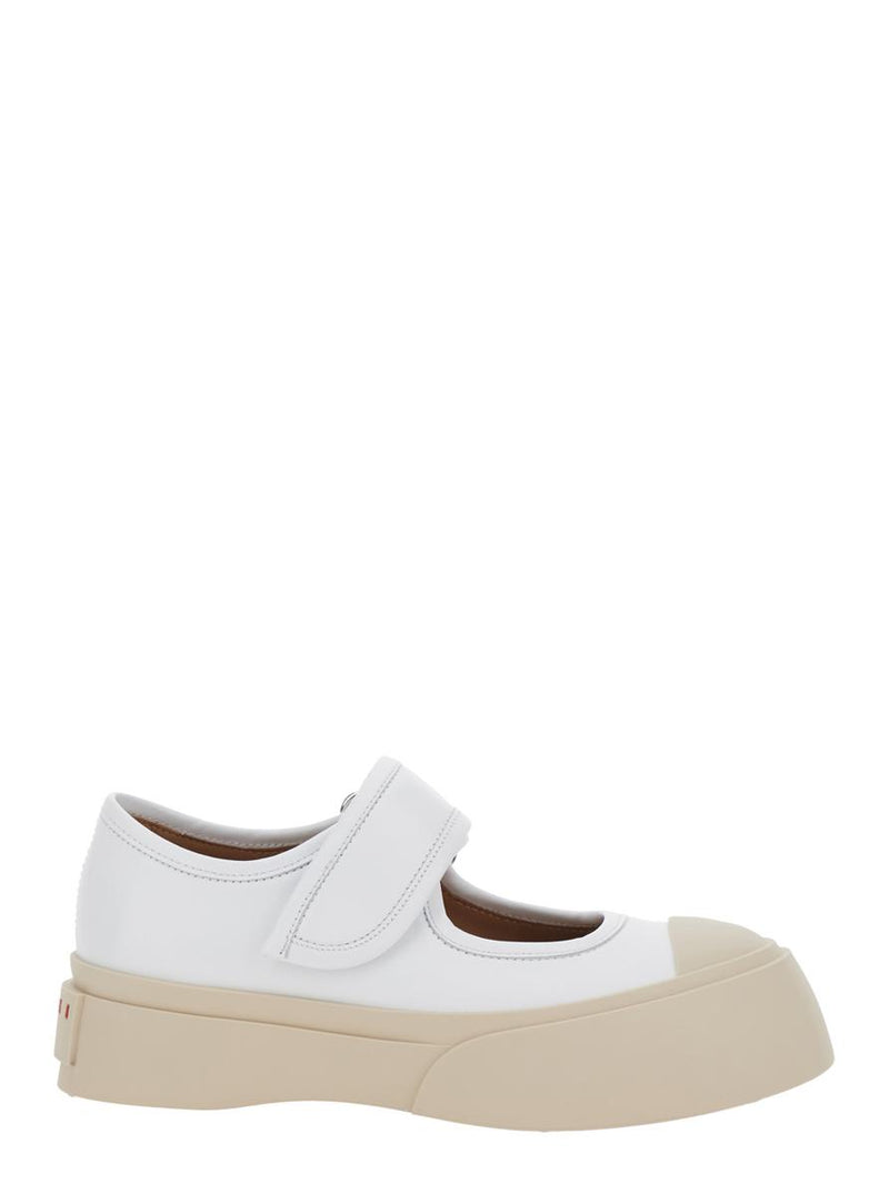 'Mary Jane' White Sandals With Touch-Strap Closure And Logo Patch On The Rear In Leather Woman