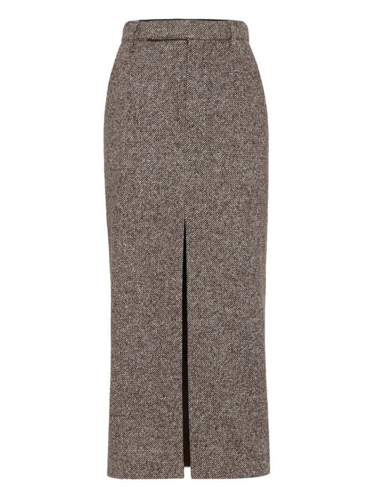 Brunello Cucinelli Wool And Silk Mélange Diagonal Sartorial Pencil Skirt With Monili Clothing