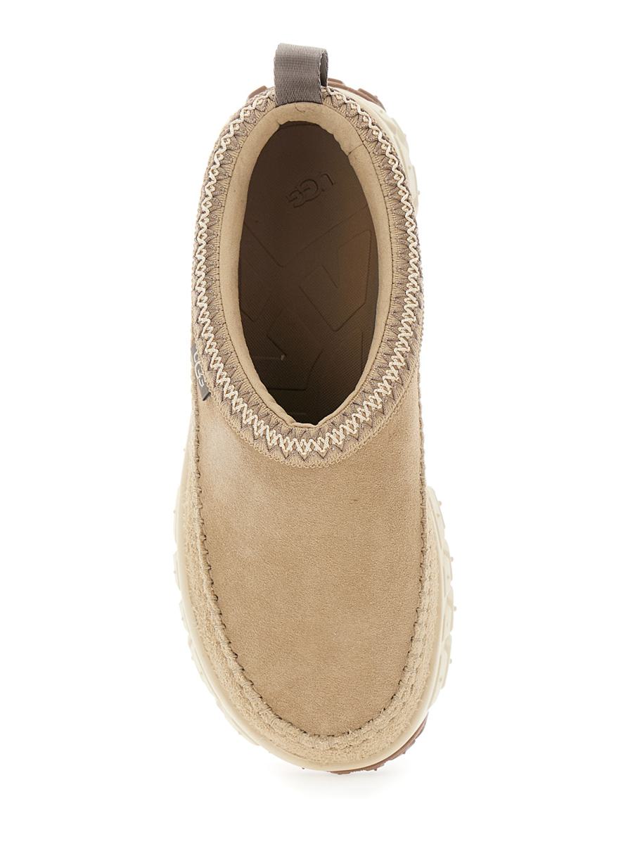 'Venture Daze' Beige Mules With Decorative Stitching And Side Logo Patch In Suede Man
