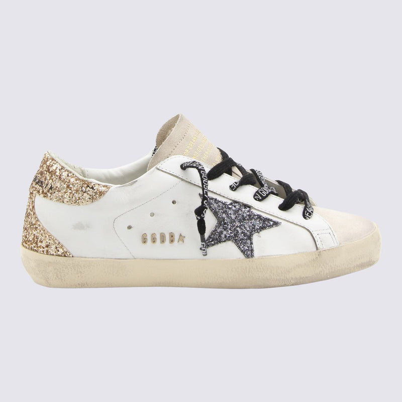 Golden Goose White Gold And Silver Rhinestones Leather Super Star Sneakers