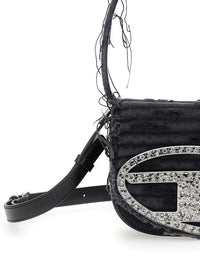 '1Dr' Black Shoulder Bag With Oval D Plaque With Rhinestones And Fringed Edges In Cotton And Leather Blend Woman