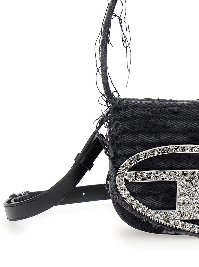 '1Dr' Black Shoulder Bag With Oval D Plaque With Rhinestones And Fringed Edges In Cotton And Leather Blend Woman