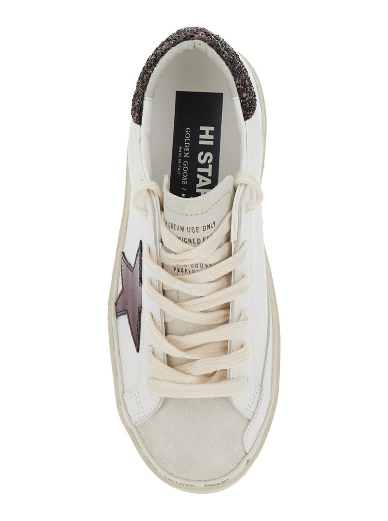 'Hi Star' White Low Top Sneakers With Glitter Star Patch And Platform In Leather Woman