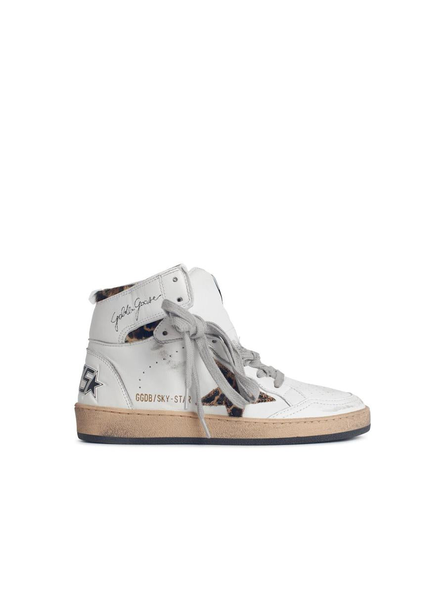 Golden Goose ' Sky-Star' White Leather Sneakers With Ankle Signature And Leo Pony Hair Inserts